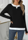 Kadın Uzun Kollu V Yakalı çift Renkli Viskon Iki Iplik Bluz