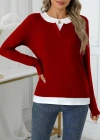 Kadın Uzun Kollu V Yakalı çift Renkli Viskon Iki Iplik Bluz