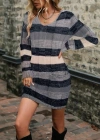 Kadın Uzun Kollu V Yakalı çizgili çok Renkli Triko Mini Elbise