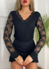 Kadın Uzun Kollu V Yakalı Dantel Detaylı Viskon Bluz