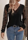 Kadın Uzun Kollu V Yakalı Dantel Detaylı Viskon Bluz