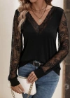 Kadın Uzun Kollu V Yakalı Dantel Detaylı Viskon Bluz