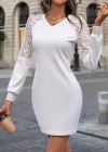 Kadın Uzun Kollu V Yakalı Dantelli Kısa Waffle Elbise