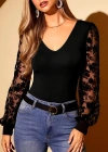 Kadın Uzun Kollu V Yakalı Dantelli Viskon Bluz