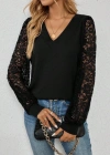 Kadın Uzun Kollu V Yakalı Dantelli Viskon Iki Iplik Bluz