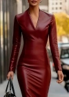 Kadın Uzun Kollu V Yakalı Deri Midi Elbise