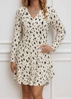 Kadın Uzun Kollu V Yakalı Desenli Kısa Keten Elbise