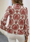Kadın Uzun Kollu V Yakalı Desenli önü Düğmeli Ithal Keten Bluz