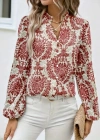 Kadın Uzun Kollu V Yakalı Desenli önü Düğmeli Ithal Keten Bluz