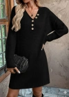 Kadın Uzun Kollu V Yakalı Düğmeli Mini Triko Elbise