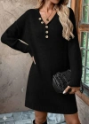 Kadın Uzun Kollu V Yakalı Düğmeli Mini Triko Elbise