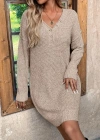 Kadın Uzun Kollu V Yakalı Düğmeli Mini Triko Taş Renkli Elbise