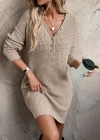 Kadın Uzun Kollu V Yakalı Düğmeli Mini Triko Taş Renkli Elbise