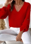 Kadın Uzun Kollu V Yakalı Düğmeli Triko Bluz