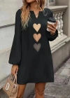 Kadın Uzun Kollu V Yakalı Kalp Desenli Mini Ithal Krep Elbise