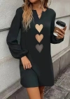 Kadın Uzun Kollu V Yakalı Kalp Desenli Mini Ithal Krep Elbise