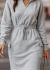 Kadın Uzun Kollu V Yakalı Kapşonlu Cep Detaylı şardonlu Iki Iplik Kısa Elbise