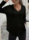 Kadın Uzun Kollu V Yakalı Kapşonlu Waffle Bluz