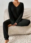 Kadın Uzun Kollu V Yakalı Kaşkorse Bluz Ve Pantolon Ikili Takım