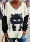 Kadın Uzun Kollu V Yakalı Kedi Baskılı şardonlu Dalgıç Bluz