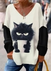 Kadın Uzun Kollu V Yakalı Kedi Baskılı şardonlu Dalgıç Bluz
