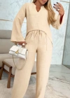Kadın Uzun Kollu V Yakalı Keten Bluz Bağcıklı Pantolon Ikili Takım