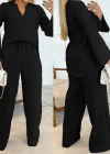 Kadın Uzun Kollu V Yakalı Keten Bluz Bağcıklı Pantolon Ikili Takım
