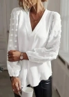 Kadın Uzun Kollu V Yakalı Kolları Popon Detaylı Sandy Bluz