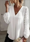 Kadın Uzun Kollu V Yakalı Kolları Popon Detaylı Sandy Bluz