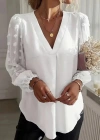 Kadın Uzun Kollu V Yakalı Kolları Popon Detaylı Sandy Bluz