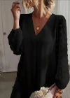Kadın Uzun Kollu V Yakalı Kolları Popon Detaylı Sandy Bluz