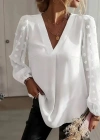 Kadın Uzun Kollu V Yakalı Kolları Popon Detaylı Sandy Bluz