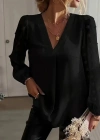 Kadın Uzun Kollu V Yakalı Kolları Popon Detaylı Sandy Bluz