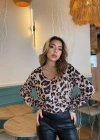 Kadın Uzun Kollu V Yakalı Leopar Desenli Dalgıç Bluz