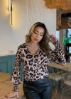Kadın Uzun Kollu V Yakalı Leopar Desenli Dalgıç Bluz
