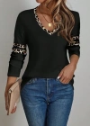 Kadın Uzun Kollu V Yakalı Leopar Desenli Viskon Iki Iplik Bluz