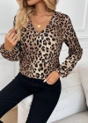 Kadın Uzun Kollu V Yakalı Modal Leopar Bluz