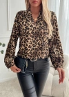 Kadın Uzun Kollu V Yakalı Modal Leopar Desenli Bluz