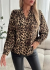 Kadın Uzun Kollu V Yakalı Modal Leopar Desenli Bluz