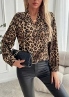 Kadın Uzun Kollu V Yakalı Modal Leopar Desenli Bluz