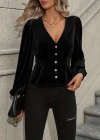 Kadın Uzun Kollu V Yakalı önden Düğmeli Kısa Kadife Bluz