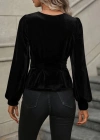 Kadın Uzun Kollu V Yakalı önden Düğmeli Kısa Kadife Bluz