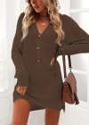 Kadın Uzun Kollu V Yakalı önden Düğmeli Kısa Triko Elbise
