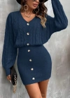 Kadın Uzun Kollu V Yakalı önden Düğmeli Kısa Triko Elbise