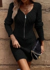Kadın Uzun Kollu V Yakalı önden Fermuarlı Kısa Triko Elbise