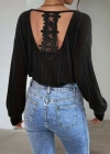 Kadın Uzun Kollu V Yakalı Pencere Sırt Dantel Detaylı Kalın Fitilli Kaşkorse Bluz