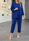 Kadın Uzun Kollu V Yakalı Pulpayet Viskon Iki Iplik Bluz Ve Pantolon Takım