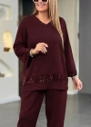 Kadın Uzun Kollu V Yakalı Pulpayet Viskon Iki Iplik Bluz Ve Pantolon Takım
