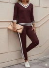 Kadın Uzun Kollu V Yakalı Ribanalı Viskon Iki Iplik Bluz Ve Pantolon Ikili Takım