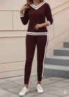 Kadın Uzun Kollu V Yakalı Ribanalı Viskon Iki Iplik Bluz Ve Pantolon Ikili Takım